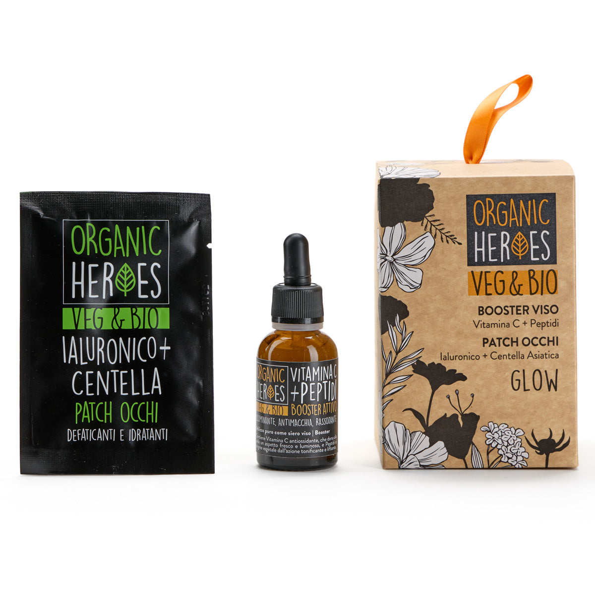 Cofanetto Glow – Booster Viso Vitamina C + Peptidi e Patch Occhi Acido Ialuronico + Centella Asiatica